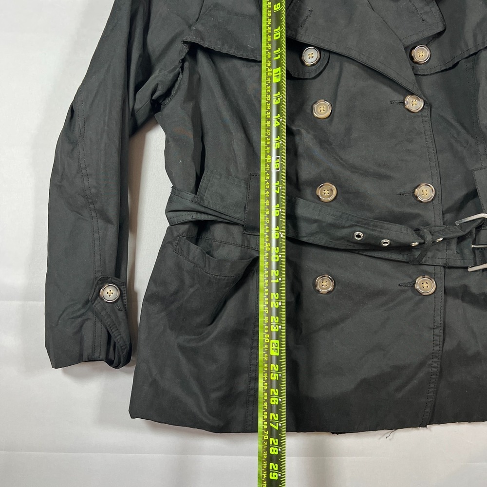 Merona Trench Coat Womens 1 Black Cotton Double Breasted Belted Waist Minimalist - Picture 5 of 12